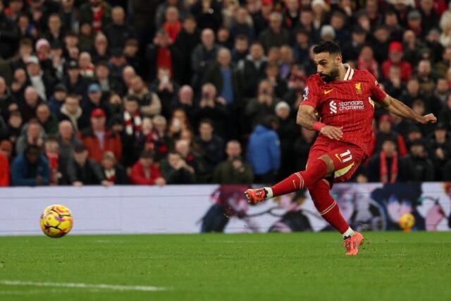 Mohamed Salah scores from a penalty for Livepool against Manchester City at Anfield.