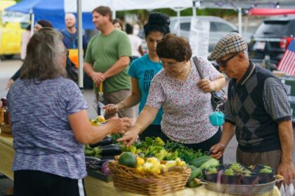 People shop for fresh produce and food at a farmer's market on June 29, 2021, in Homewood,