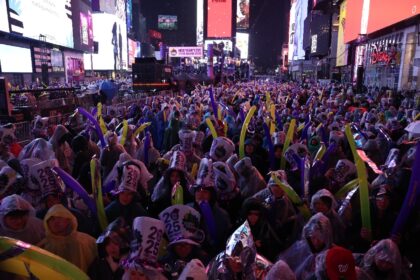 Revelers celebrating New Year's Eve in Times Square