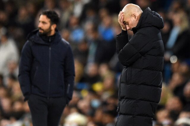 Ruben Amorim (L) and Pep Guardiola (R) will go head to head in Sunday's Manchester derby