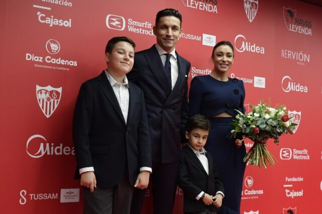 Sevilla's Spanish defender Jesus Navas and family during his farewell ceremony