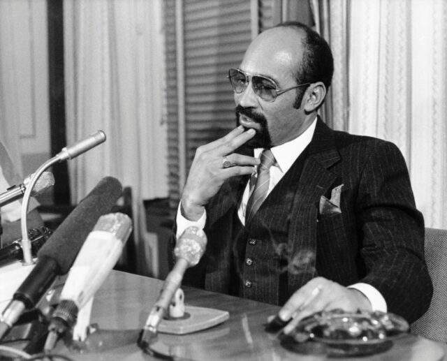 Suriname's former leader Desi Bouterse photographed during a press conference in Paramarib