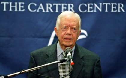 Former US President Jimmy Carter, pictured at a 2004 press conference, was a noted humanit