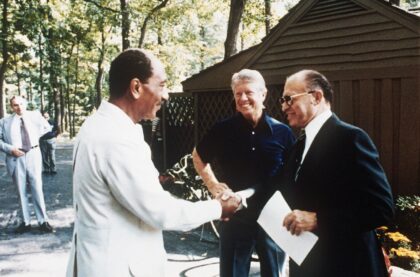 Then US president Jimmy Carter looks on in September 1978 as Egyptian president Anwar al-