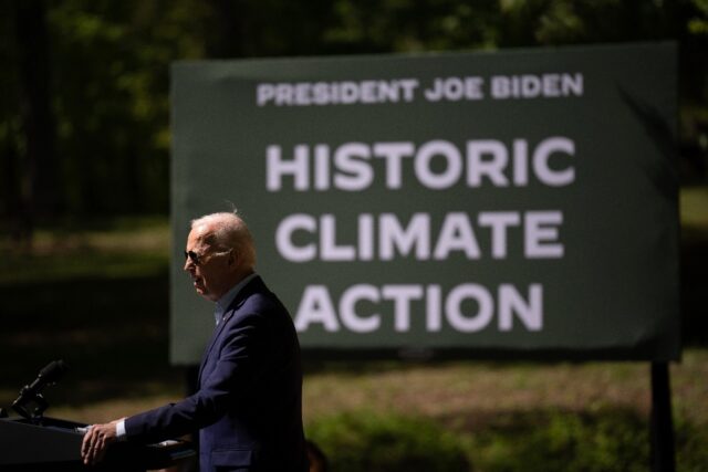 US President Joe Biden speaks on Earth Day at Prince William Forest Park on April 22, 2024