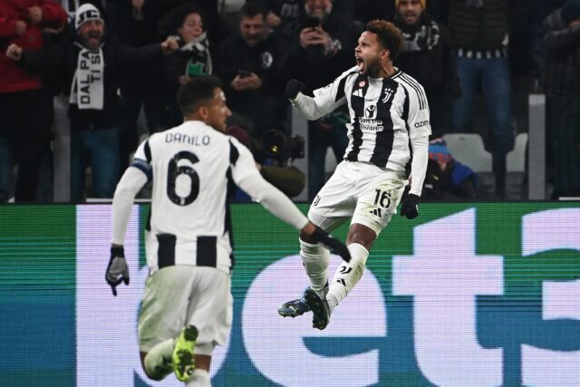 Weston McKennie (R) celebrates after scoring to give Juventus a 2-0 lead against Mancheste