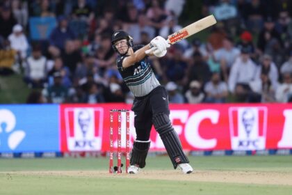 New Zealand's Mitchell Hay on his way to an unbeaten 41 against Sri Lanka at Bay Oval in M