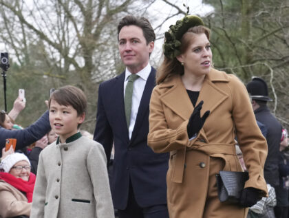 Princess Beatrice waves at the crowds with her husband Edoardo Mozzi and her stepson Chris