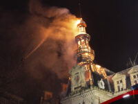 This photo provided by the Paris Fire Brigade (BSPP) shows the roof and the spire of the P