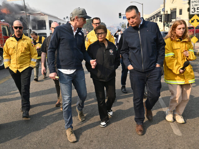 PACIFIC PALISADES, CA - January 08: Los Angeles Mayor Karen Bass, Joins California Governo