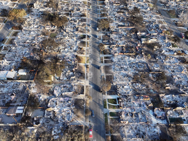 An aerial view of homes which burned in the Eaton Fire on January 21, 2025 in Altadena, Ca