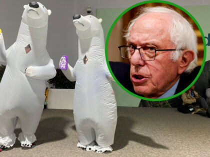 (INSET Sen. Bernie Sanders) Environmental activists dressed as polar bears draw attention