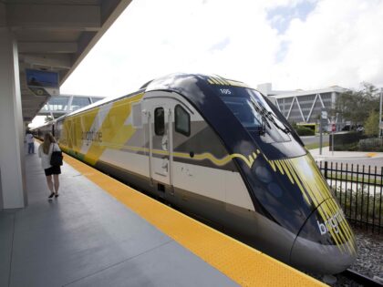 FILE - A Brightline train is shown at a station in Fort Lauderdale, Fla., on Jan. 11, 2018