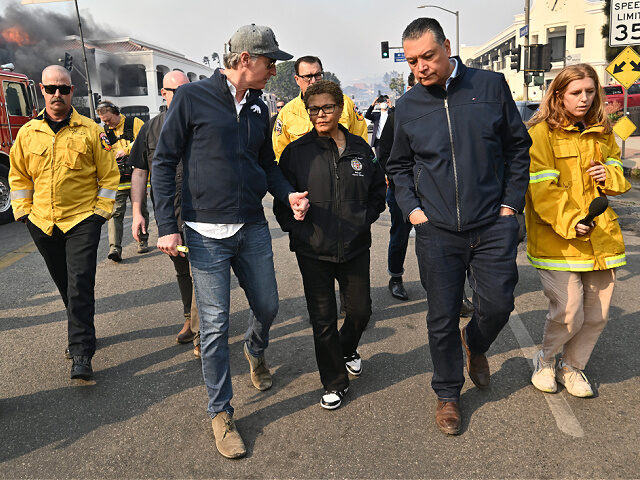 PCIFIC PALISADES, CA - January 08: Los Angeles Mayor Karen Bass, joins California Governor