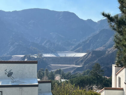 The empty Santa Ynez Reservoir, which connects to the Los Angeles water supply system, was