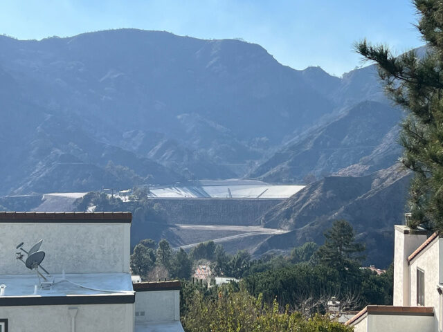 The empty Santa Ynez Reservoir, which connects to the Los Angeles water supply system, was