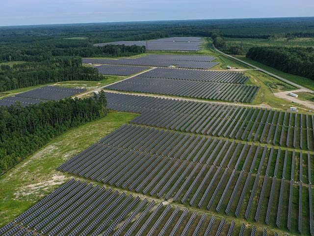 In an aerial view, the Amazon Fort Powhatan Solar Farm is seen on August 19, 2022 in Dispu