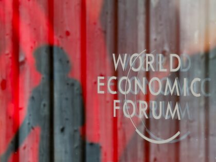 The World Economic Forum logo on a window in the Congress Center on the closing day of the