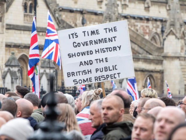 LONDON, ENGLAND - OCTOBER 26: Supporters of Tommy Robinson march from Victoria to Whitehal