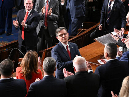 US Speaker of the House Mike Johnson, Republican from Louisiana, receives applause after w