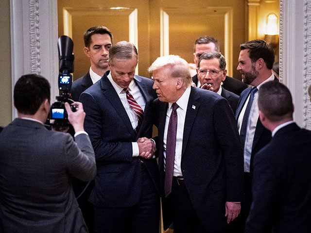 President-elect Donald Trump departs with Senate Majority Leader John Thune, R-S.D., after