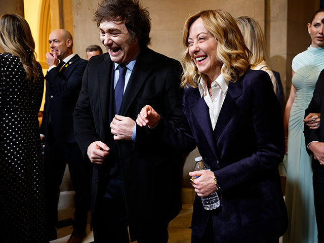 President of Argentina Javier Milei talks with Prime Minister of Italy Giorgia Meloni ahea