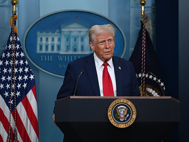 United States President Donald Trump makes a press statement at the White House in Washing