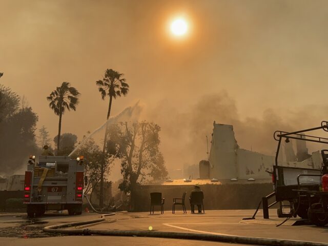 Fighting fire at Lake Shrine (Joel Pollak / Breitbart News)