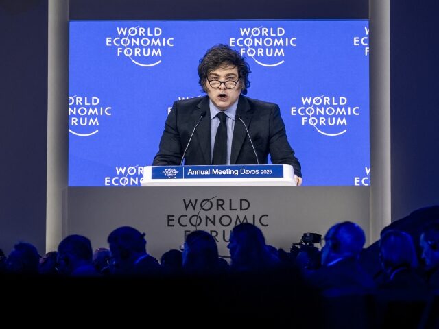 Argentina's President Javier Milei addresses the audience during the World Economic F