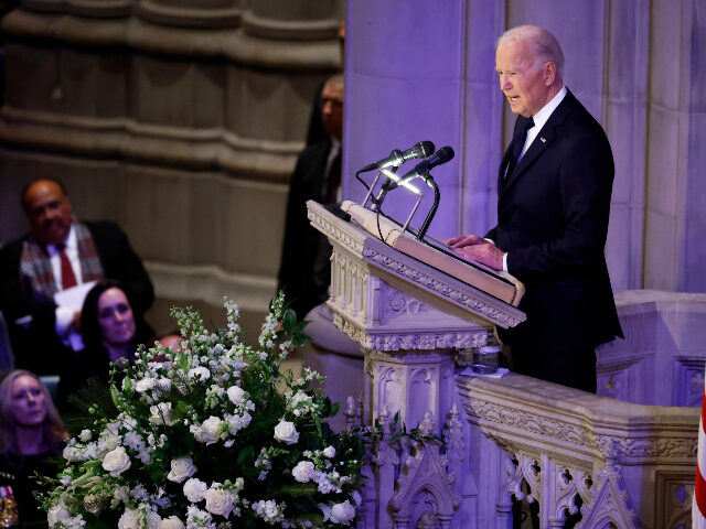 U.S. President Joe Biden delivers a eulogy during the state funeral for former U.S. Presid