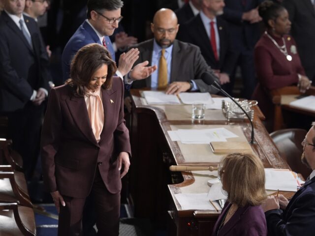 Vice President Kamala Harris, left, joined at top by Speaker of the House Mike Johnson, R-