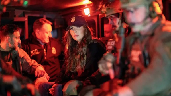 DHS Secretary of Homeland Security Kristi Noem rides with agents during a targeted enforcement operation in New York City. (Department of Homeland Security)