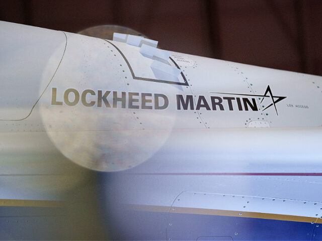 A sign for Lockheed Martin on the X-59 aircraft during a media preview at Lockheed Martin