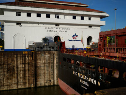 A cargo ship navigates through the Miraflores locks of the Panama Canal in Panama City, Mo