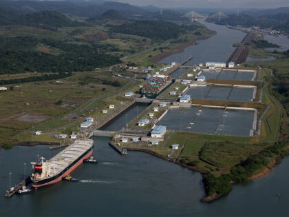 PANAMA CITY, PANAMA - SEPTEMBER 20: In an aerial view, the container ship Tampa Triumph pa