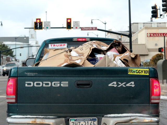 A Trump bumper sticker on a pick-up truck can be seen in Hazleton, Pennsylvania, US. The c