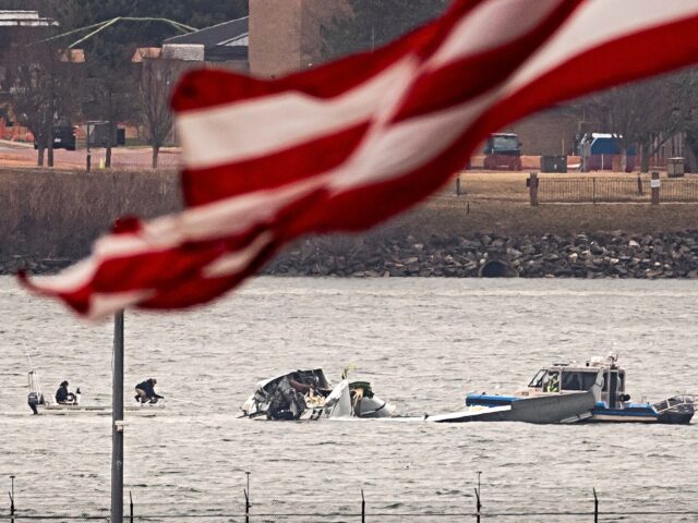 ARLINGTON, VIRGINIA - JANUARY 31: Recovery teams search the wreckage after the crash of an