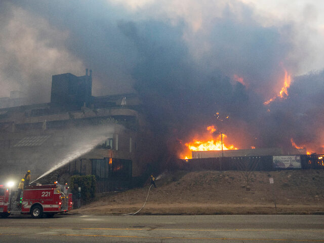 Firefighters battle the blaze on Sunset Boulevard during the Palisades Fire in the Pacific