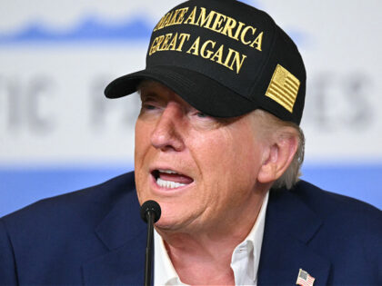 US President Donald Trump speaks during a fire emergency briefing at Station 69 in Pacific