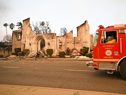 LOS ANGELES, CALIFORNIA - JANUARY 9: Fire track passes down the burnt houses during Eaton