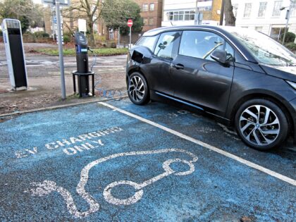 LONDON, UNITED KINGDOM - 2021/01/10: Electric Vehicle charging point seen at a car park. U