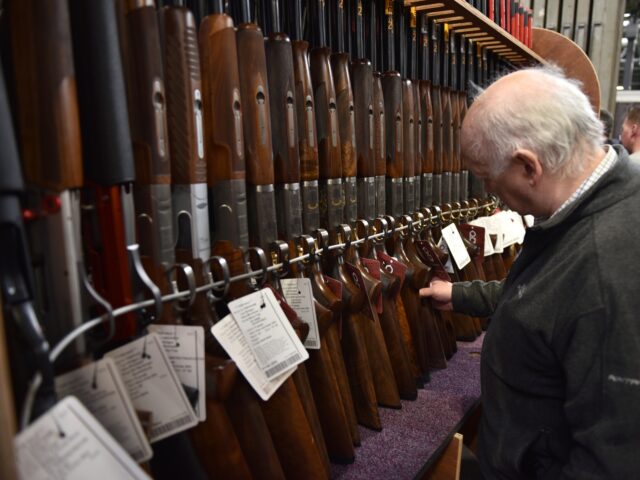 BIRMINGHAM, ENGLAND - FEBRUARY 15: A views a rack of shotguns for sale at the Great Britis