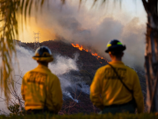 BRENTWOOD, CALIFORNIA - JANUARY 11: Firefighters from Orem, Utah keep an eye on the Palisa