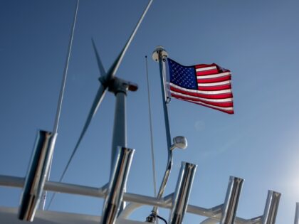 AT SEA - JULY 07: A wind turbine generates electricity at the Block Island Wind Farm on Ju