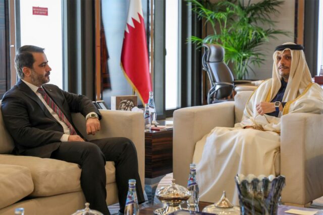 Asaad al-Shaibani (L), foreign minister for the interim Syrian government, met with Qatar'