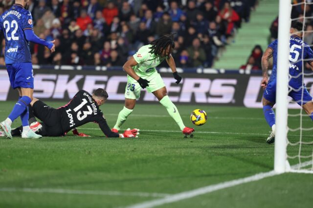 Barcelona's French defender Jules Kounde (2R) scored the opening goal against Getafe on Sa