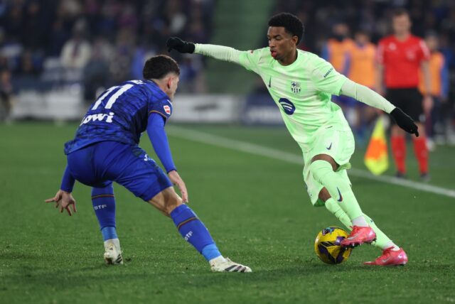 Barcelona's Spanish defender Alejandro Balde (R) complained of racist abuse after the draw