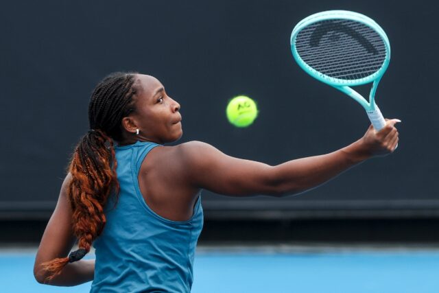 Coco Gauff hits a return during a training session ahead of the Australian Open