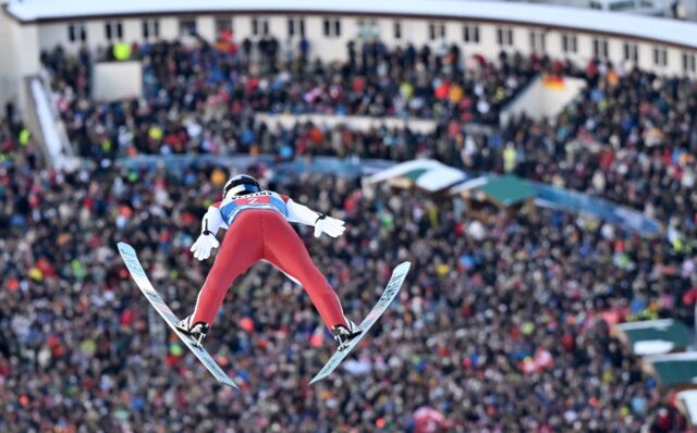 Daniel Tschofenig flying to his first World Cup win in the second leg of the Four Hills in