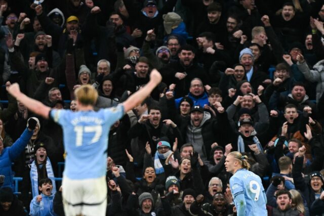 Erling Haaland (right) celebrates after scoring against West Ham in the Premier League